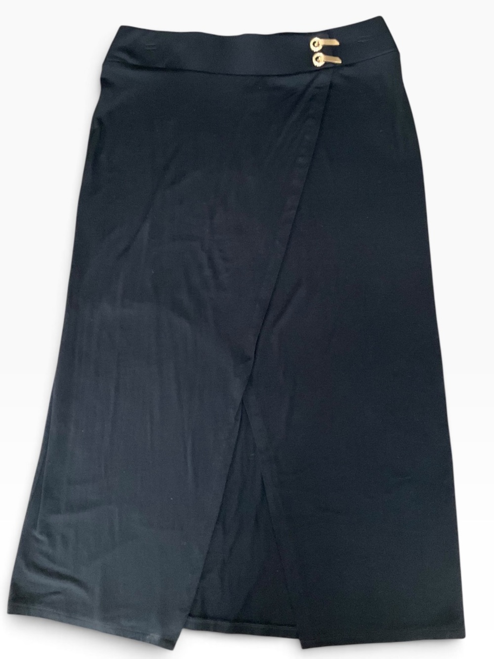 INC International Black Wrap Midi Skirt with Gold Button Detail Size Large EUC